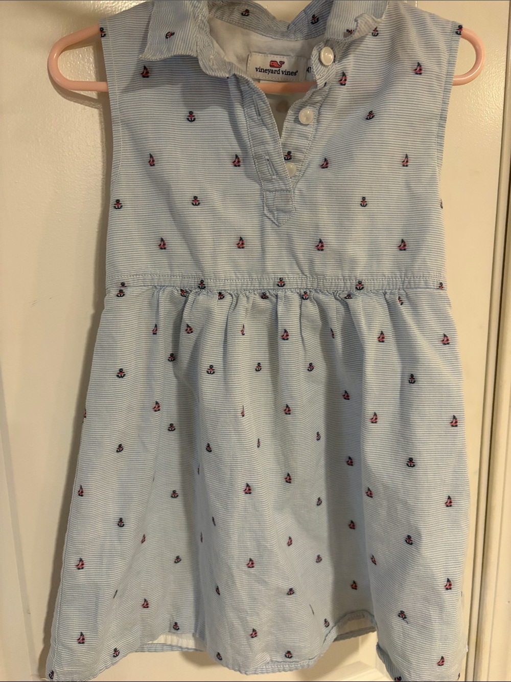 Vineyard Vines Light Blue Striped Dress with Red & Navy Sailboat Motif